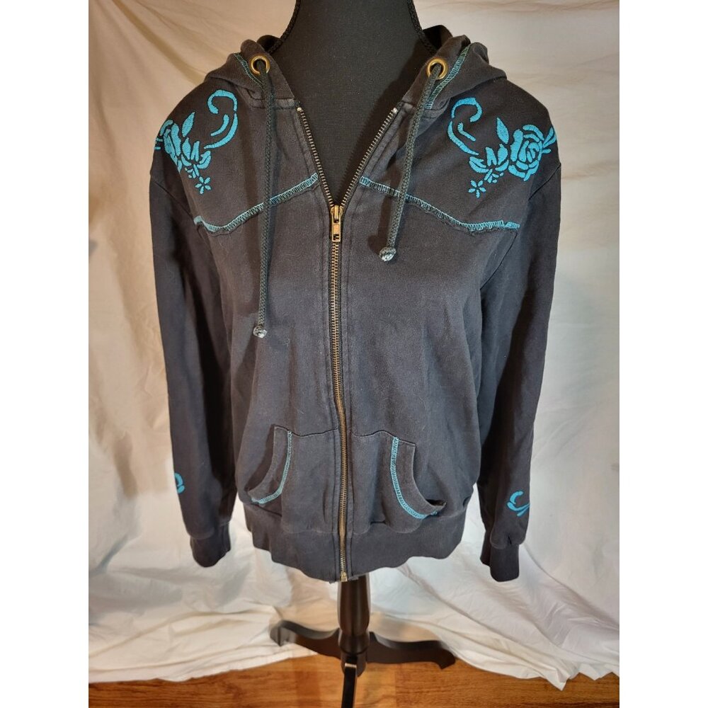 Back In The Saddle Black Blue Floral Full Zip‎ Sweatshirt Size M